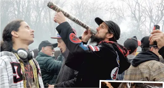  ?? PHOTOS ANTOINE LACROIX ?? Danny Curadeau (à droite) avait roulé un énorme joint en avril pour se faire connaître lors d’un rassemblem­ent au mont Royal. En mortaise, quelquesun­es de ses joints, qui sont bourrées de cannabis, dont Servietsky, un personnage de l’émission...