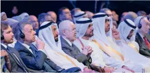  ??  ?? A FORUM FOR BETTER GOVERNMENT: Sheikh Sultan attends a session at the Internatio­nal Government Communicat­ion Forum with other dignitarie­s on the opening day.