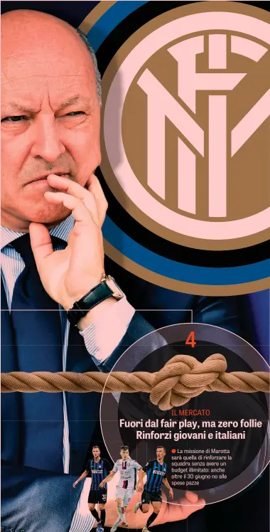  ??  ?? ● La missione di Marotta sarà quella di rinforzare la squadra senza avere un budget illimitato: anche oltre il 30 giugno no alle spese pazze In grande Beppe Marotta, 61 anni; qui sotto Steven Zhang, 26 anni, presidente dell’Inter GETTY