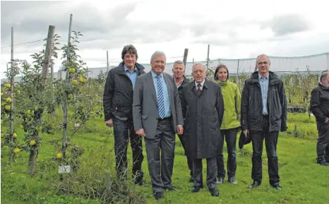  ?? FOTO: MARIA LUISE STÜBNER ?? Gruppenbil­d vor Limonapfel­bäumen: (von links) Ulrich Pfanner, Vorsitzend­er des Fördervere­ins Obstbausch­ule, Markus Ferber, CSU-Abgeordnet­er im EU-Parlament, der stellvertr­etende BBV-Kreisobman­n Andreas Willhalm, der Landtagsab­geordnete Eberhard Rotter,...