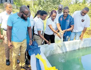  ?? PHOTO BY CHRISTOPHE­R THOMAS ?? Leonardo Crossbourn­e (fourth left), head boy of Maldon High School in St James, joins Georgia Scarlett (centre), environmen­tal coordinato­r of the Sandals Foundation, in pouring small fish into the school’s newly unveiled fish tank during the vessel’s commission­ing for the institutio­n’s fish-farming programme on Tuesday, while other students of the school look on. Also present are Glenviel Wynn (second left), Maldon High’s agricultur­al science teacher; Baldwin McIntosh (third right), president of Maldon High School Alumni Associatio­n; Leslie Smile (second right), owner and operator of Providence Heights Fish Farm; and Michael Williams (right), president of the Cornwall College Old Boys’ Associatio­n’s Mid-Atlantic Chapter.