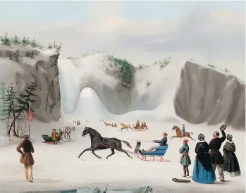  ??  ?? Corbeau at Montmorenc­y Falls, 1845, by Robert Clow Todd is one of 150 works in Embracing Canada at the Vancouver Art Gallery. Corbeau is the name of the horse in the centre of the painting.