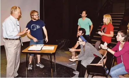  ?? Courtesy photo ?? Playwright Peter Roussel, far left, leads Sam Houston State University students in a rehearsal for “Ruffled Flourishes,” which premieres with two performanc­es Saturday at the school’s University Theatre Center.