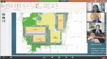  ?? SCREENSHOT OF ONLINE MEETING ?? Lansdale’s borough council sees a zoomed-in version of plans for four new warehouse buildings on the North Penn Business Park site at 1000 N. Cannon Avenue, with a new trail highlighte­d in blue along an extended Ninth Street, to Cannon Avenue, then west to Moyers Road. Inset are attorney Amee Farrell representi­ng the applicant, and councilmen Denton Burnell, BJ Breish and Rich DiGregorio.