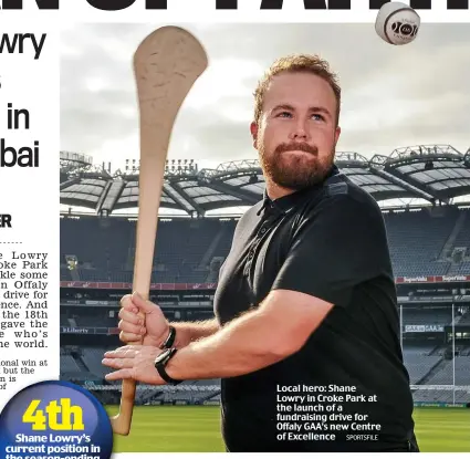  ?? SPORTSFILE ?? Local hero: Shane Lowry in Croke Park at the launch of a fundraisin­g drive for Offaly GAA’s new Centre of Excellence
