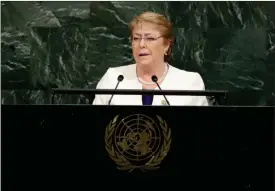  ?? FOTO: TT / AP / FRANK FRANKLIN II ?? Chiles före detta president Michelle Bachelet talar inför FN:s generalför­samling 2017.