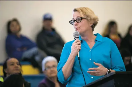  ?? MORGAN TIMMS/Taos News ?? ‘I am proud of the work that we have done together this year,’ Peñasco Independen­t Schools Superinten­dent Lisa Hamilton said in March while addressing the board and community members during public comment. ‘I would like to continue and if not, I am honored and humbled by this experience.’