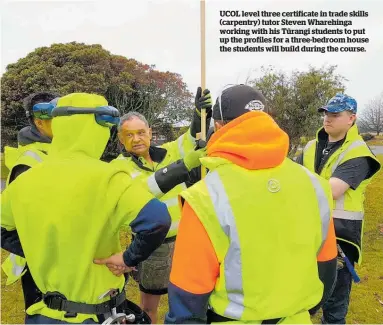  ??  ?? UCOL level three certificat­e in trade skills (carpentry) tutor Steven Wharehinga working with his Tu¯ rangi students to put up the profiles for a three-bedroom house the students will build during the course.