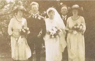  ??  ?? Pictured is Wilfred and Ethel Barnett (nee Cotton) on their wedding day (centre). On the left is Hilda Barnett (sister of Wilfred) and on the right, best man Sydney Barnett (brother) and to his right Daisy Barnett who was married to Bertram Barnett.