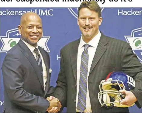  ?? USA TODAY SPORTS ?? GM Jerry Reese (l.) and coach Ben McAdoo have a Giant mess on their hands with a 1-6 record and another player, Janoris Jenkins (far r.), earning a suspension because he fails to show up for practice on Monday.