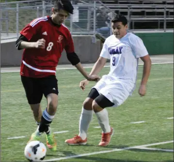  ?? MIKE BUSH/NEWS-SENTINEL ?? Tokay's Leonardo Ruiz (9) and Lincoln's Abel Gallardo race toward the soccer ball in Tuesday's TCAL contest at the Grape Bowl. Ruiz scored both of the Tigers' goals for a 2-0 win over the Trojans.