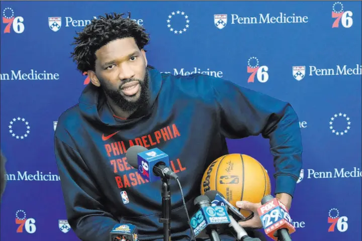  ?? Matt Rourke The Associated Press ?? The Philadelph­ia 76ers are 26-8 in games with center Joel Embiid in the lineup this season. They are 10-20 without him, and sliding backward rapidly in the playoff race.