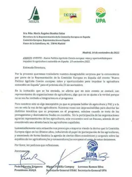  ?? ?? Imagen de la carta remitida por las organizaci­ones agrarias a la CE