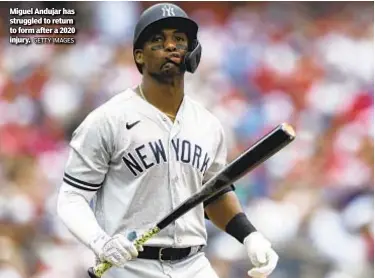  ?? GETTY IMAGES ?? Miguel Andujar has struggled to return to form after a 2020 injury.