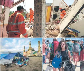  ??  ?? DAÑOS. El personal de rescate busca entre los escombros para encontrar supervivie­ntes, mientras que los afectados han colocado tiendas de campaña en la calle. Los turistas esperan ser evacuados.