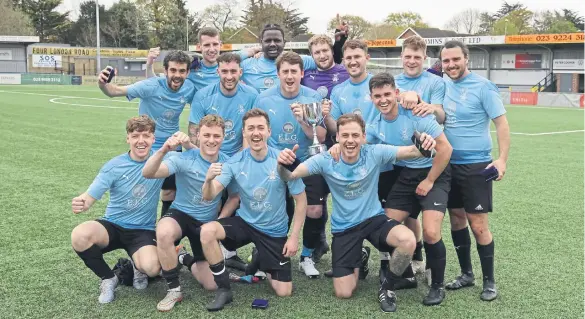  ?? Pictures by Kevin Shipp ?? Wicor Mill celebrate after beating AC Copnor in the Buster Gordon Cup final at Westleigh Park