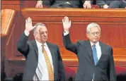  ?? RICK BOWMER — THE ASSOCIATED PRESS ?? Ulisses Soares, left, of Brazil and Gerrit W. Gong, who is Chinese-American, join a Mormon panel called the Quorum of the Twelve Apostles in Salt Lake City on Saturday.