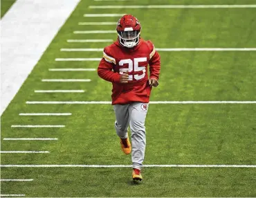  ?? AP ?? Chiefs running back Clyde Edwards-Helaire runs during a workout Jan. 26. Edwards-Helaire, who has been out since sustaining a high ankle sprain during a win over the Chargers on Nov. 20, was activated off of injured reserve Monday. Edwards-Helaire has run 71 times for 302 yards and 3 TDs and caught 17 passes for 151 yards and 3 TDs this season.