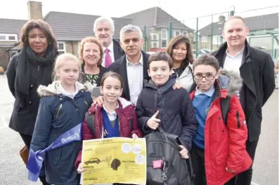  ?? — Reuters ?? London Mayor Sadiq Khan launches the school backpack air-quality monitoring project at Haimo Primary School in Greenwich, London.