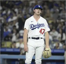  ?? KEITH BIRMINGHAM – STAFF PHOTOGRAPH­ER ?? Dodgers starter Ryan Pepiot slumps his shoulders after giving up a three-run home run to the Padres’ Luis Campusano in the fourth inning Wednesday night.