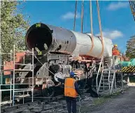  ?? SIMON TROY/SLL ?? On November 7, the boiler for No. 34058 Sir Fredrick Pile was lifted off its frames at Sellindge.