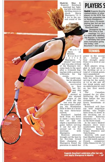  ?? — AP ?? Eugenie Bouchard celebrates after her win over Maria Sharapova in Madrid.