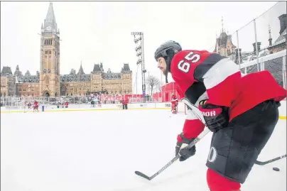  ?? CP PHOTO ?? Ottawa Senators defenceman Erik Karlsson waits for a pass during a practice on the Parliament Hill ice rink Friday in Ottawa.