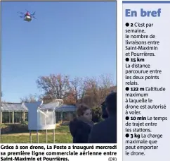  ?? (DR) ?? Grâce à son drone, La Poste a inauguré mercredi sa première ligne commercial­e aérienne entre Saint-Maximin et Pourrières.