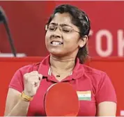  ??  ?? India’s Bhavinaben Patel celebrates her quarterfin­al win over world No.5 Borislava Peric Rankovic of Serbia in the women’s singles table tennis event in Tokyo on Friday.