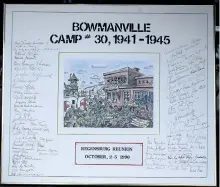  ?? MICHAEL PEAKE/POSTMEDIA NETWORK FILES ?? A commemorat­ive poster signed by remaining inmates at Camp 30, a German Second World War prisoner of war camp in Bowmanvill­e.