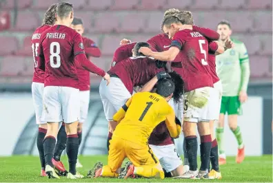  ??  ?? Sparta Prague celebrate giving Celtic another 4-1 drubbing in the Europa League last Thursday night