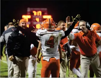  ?? MEDIANEWS GROUP FILE ?? Above, Perkiomen Valley’s Jon Moccia (4) celebrates a touchdown during last year’s PAC championsh­ip game win over Pottsgrove.