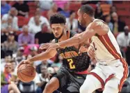  ?? STEVE MITCHELL/USA TODAY SPORTS ?? Atlanta Hawks guard Tyler Dorsey is guarded by Miami Heat guard Wayne Ellington on Monday at American Airlines Arena.