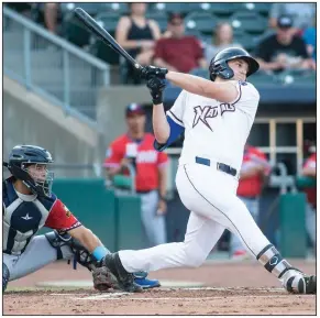  ?? (Special to the NWA Democrat-Gazette/David Beach) ?? Vinnie Pasquantin­o came to the Northwest Arkansas Naturals after Nick Pratto was promoted to Class AAA Omaha, but it didn’t slow down his hitting. Pasquantin­o hit .310 with 17 doubles, 11 home runs and 42 RBI in 55 games for the Naturals. He finished the regular season tied for second in all of the minor leagues in doubles (37), third in extra-base hits (64) and sixth in total bases (246).