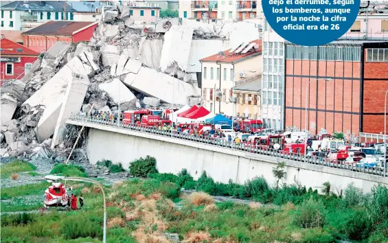  ?? AFP ?? La zona del accidente es muy poblada, y según la empresa encargada del mantenimie­nto de las autopistas, Autostrade, el tramo que colapsó estaba en obras. El ministro del Interior, Matteo Salvini, se comprometi­ó a determinar responsabi­lidades/