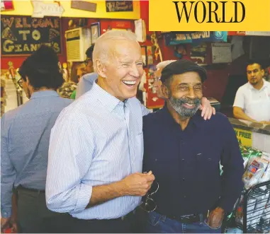  ?? JESSICA GRIFFIN / THE PHILADELPH­IA INQUIRER VIA AP ?? Democratic candidate Joe Biden greets customers at a pizzeria in Delaware on Thursday. Biden, 76, would be the oldest president ever elected, but he’s running in a party that’s becoming younger, less white and more female.