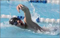  ?? Scott Herpst, file photo ?? Joel Motter swims for the Catoosa Great White Sharks in a CASL meet last June. Catoosa will open the 2022 season on June 6 against Calhoun in a Red Division match-up in Fort Oglethorpe.