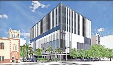 ?? RENDERINGS PROVIDED BY MCM 324 DATURA LLC ?? A rendering shows a proposed medical tower in downtown West Palm Beach for NYU Langone Health.