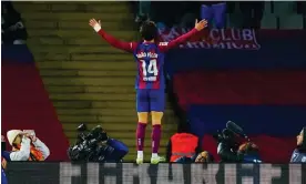  ?? Goal. Photograph: Enric Fontcubert­a/EPA ?? Barcelona's João Félix jumps for joy after scoring what turned out to be the game’s only