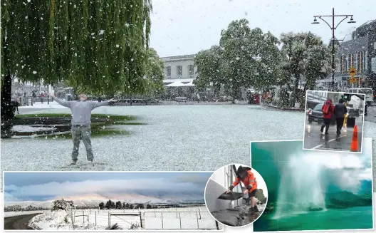  ?? PHOTOS: JOSHUA WALTON, CRAIG SHERSON, PETER MCINTOSH, MARTIN MILNER ?? Wild weather . . . Main photo: A man enjoys the snow at Earnslaw Park, in Queenstown, yesterday. From left: The wintry weather produces postcard scenes in Naseby; Todd McIvor, of McIvor Plumbing, places sandbags around the Radius Fulton agedcare facility in South Dunedin; falling hail, viewed from Highcliff Rd in Dunedin, makes for a spectacula­r sight; heavy rain hits Stuart St as a front moves over Dunedin yesterday.