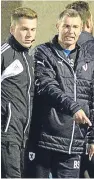  ??  ?? Ross Stewart, top, celebrates after opening the scoring for Alloa; Raith boss Barry Smith has words with the fourth official.