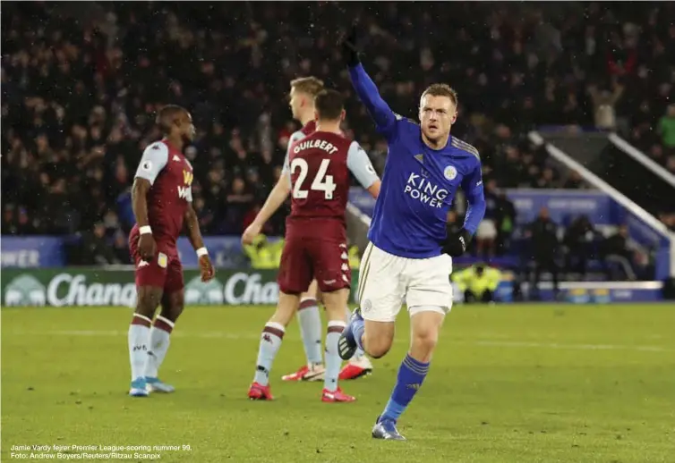  ??  ?? Jamie Vardy fejrer Premier League-scoring nummer 99. Foto: Andrew Boyers/Reuters/Ritzau Scanpix