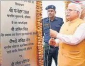  ?? HT PHOTO ?? Haryana chief minister Manohar Lal Khattar laying foundation stone of a sports stadium at Kharkhoda in Sonepat district on Saturday.