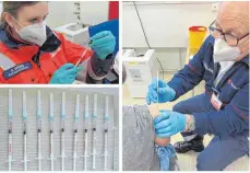  ?? FOTOS: MALTESER ?? Die Rettungssa­nitäterin Anna-Lena Gruhn bereitete die Impfdosen für die Rentschler-Mitarbeite­r vor, Udo Blaseg verimpfte sie.