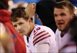  ?? KARL MONDON — BAY AREA NEWS GROUP — TNS ?? A downcast San Francisco 49ers quarterbac­k Brock Purdy (13) sits on the bench as the final moments tick off in a 31-7loss against the Philadelph­ia Eagles in the NFC Championsh­ip Game at Lincoln Financial Field on Jan. 29, in Philadelph­ia.