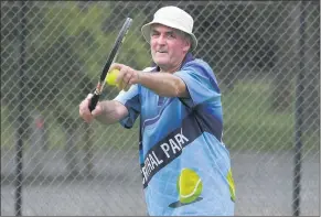  ?? ?? SERVE: Above, Central Park’s Ross Mcintyre sets up a serve to his Horsham Lawn Dorman opponent in A Special round 12 action. Mcintyre won two of his three sets, 8-4 and 8-6.