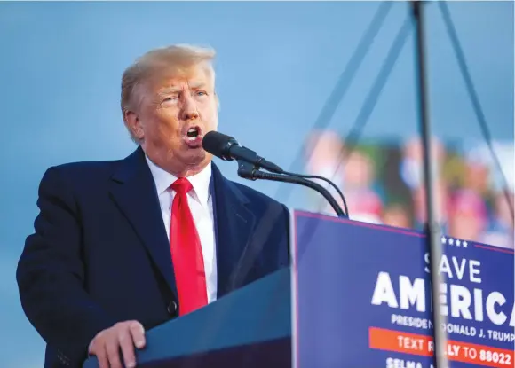  ?? (Erin Siegal McIntyre/Reuters) ?? FORMER US president Donald Trump speaks at a ‘Save America’ rally in North Carolina last month. Trump is either the American Messiah or the American Putin. There is nothing in between.