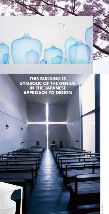  ??  ?? Clockwise from top right Vases by Nendo, inspired by jellyfish and made from silicon. The ‘Church of the Light’ by Tadao Ando. Nendo-designed ‘Flow’ storage for Alias and ‘Gaku’ pendant lamp for Flos hung within a frame to create a modern mise-en-scene