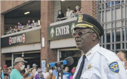  ?? TYLER LARIVIERE/SUN-TIMES ?? Evanston Police Chief Demitrous Cook says at the community rally Sunday, “It’s time to do better.”