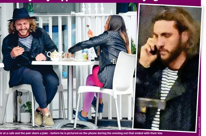  ??  ?? Katya Jones’ hair at a cafe and the pair share a joke – before he is pictured on the phone during the evening out that ended with their kiss